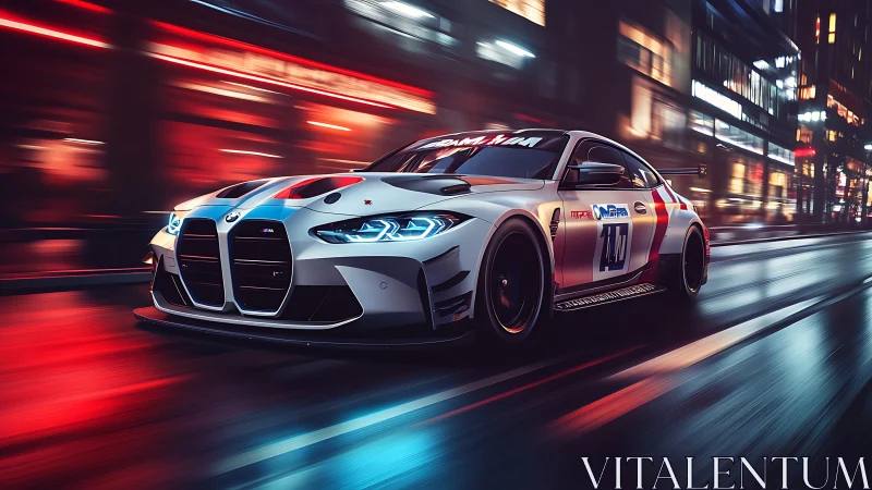 Night-lit GT race car in high-speed urban motion blur study.