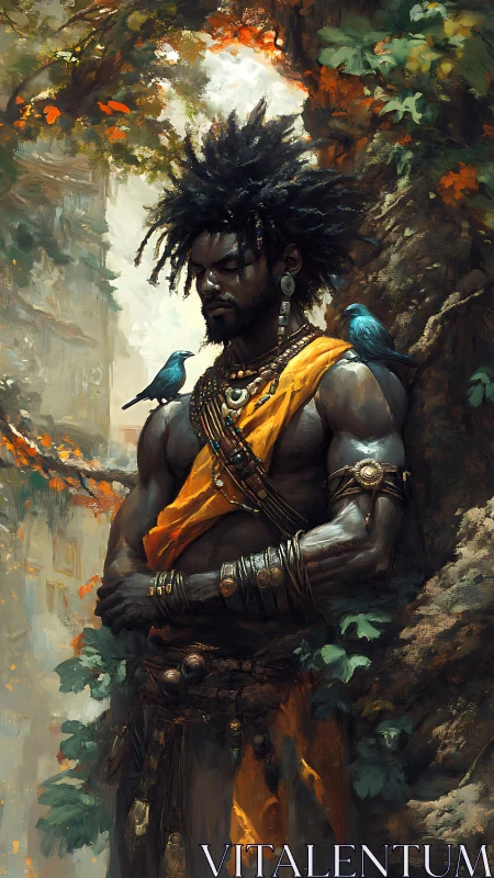 Warrior druid stands against ancient tree with perched birds