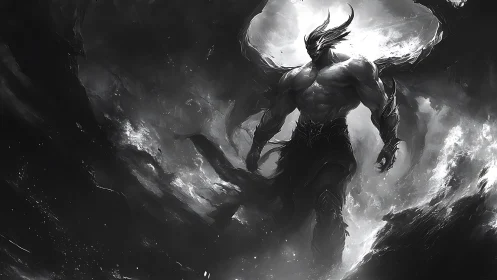 Brooding winged titan walks through swirling storm clouds.