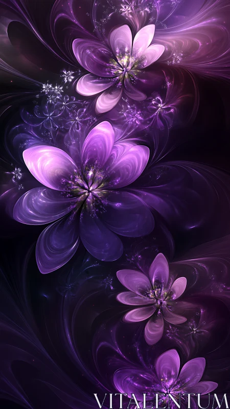 Iridescent violet fractal blossoms in swirling nebula field.