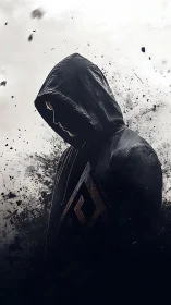 Hooded figure in profile with abstract splatter backdrop.
