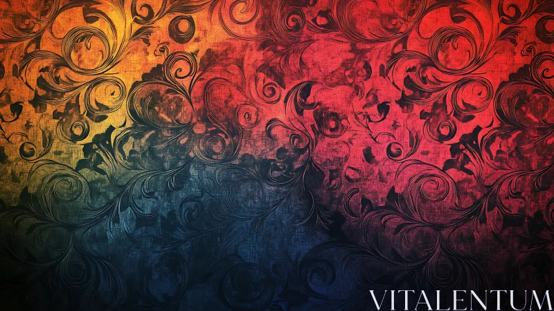 Swirling twilight filigree over ember-to-indigo canvas.