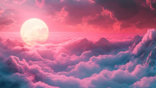 Cotton candy clouds cradle a neon moonlit mountain dreamscape.