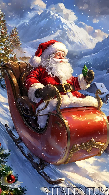 Santa rides red sleigh down snowy alpine mountainside