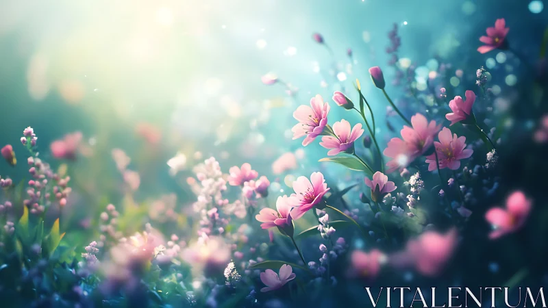 Shallow-depth pink garden blooms rendered with bokeh luminosity and chromatic gradation.