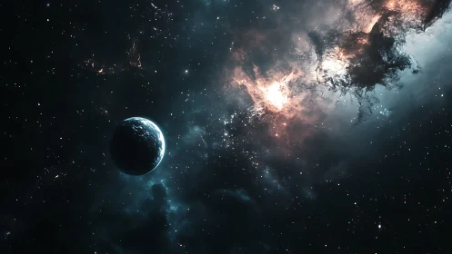 Lone blue planet under vast glowing nebula in deep space.