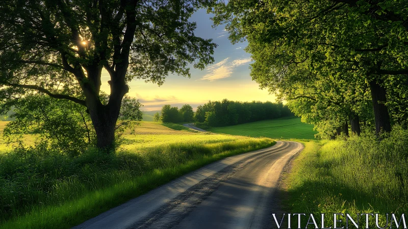 Photorealistic country lane under luminous verdant canopy.