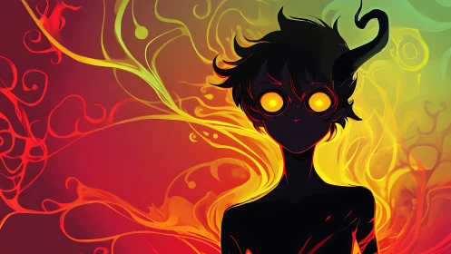 Horned ember child staring through molten sunrise colors.