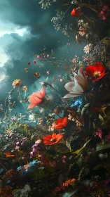 Baroque Floral Arrangement Against Turquoise Sky with Dramatic Lighting