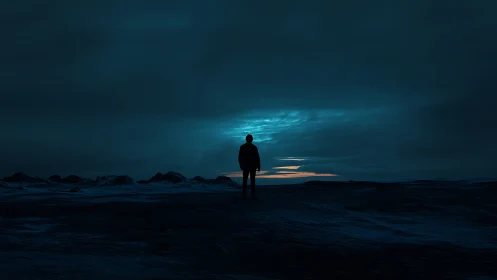 Solitary figure contemplates a moody dawn over frozen land