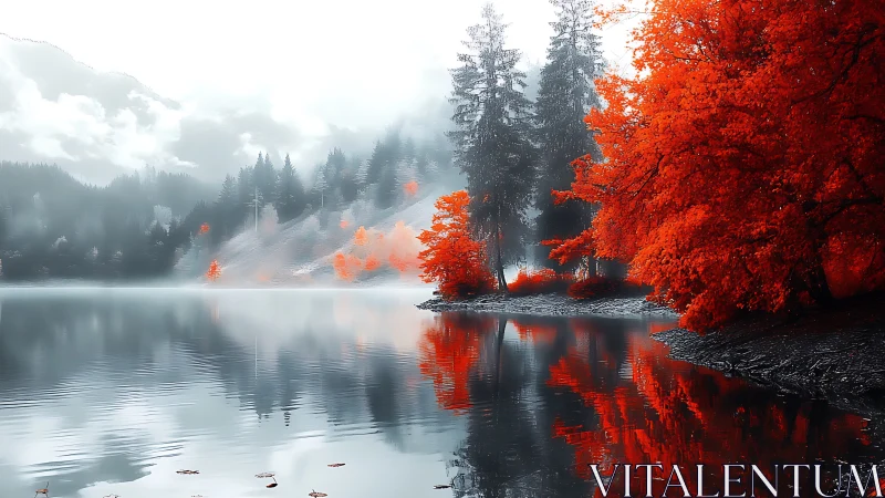 Vibrant red autumn forest reflected in misty alpine lake