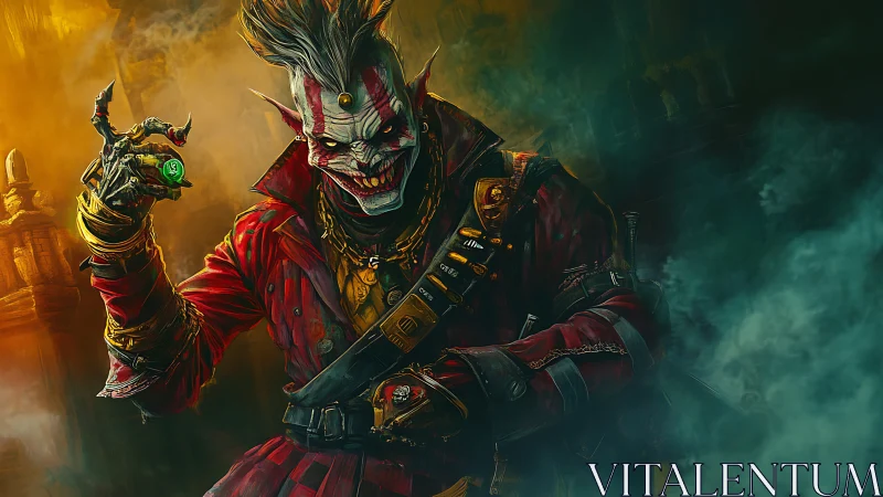 Digital painting of demonic jester outlaw with neon artifact.