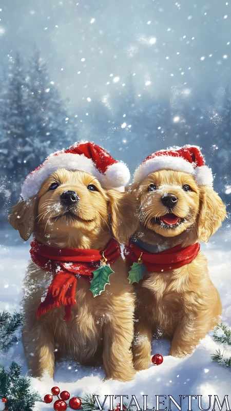 Snow-kissed Santa pups guarding the jolly holly berries.