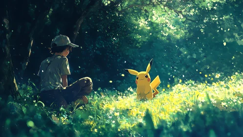 Sun-dappled forest meeting between boy and bright Pikachu.