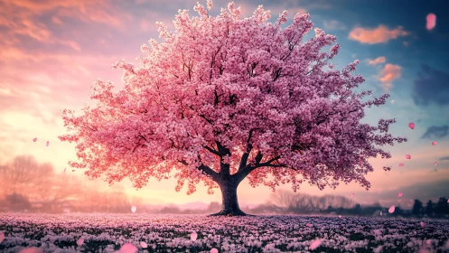 Solitary cherry blossom tree in full bloom at radiant sunset