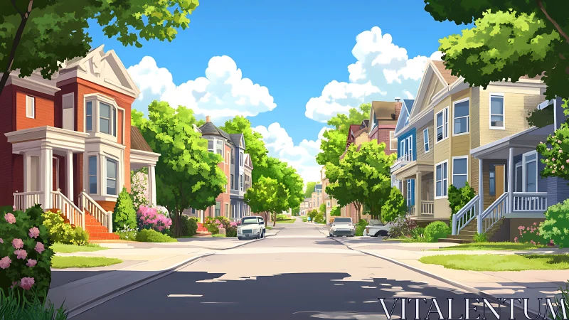 Digital street scene with sunlit residential architecture.