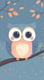 Stylized blue and peach owl on branch with falling leaves.