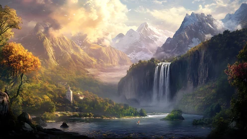 Epic alpine waterfall valley rendered in luminous digital detail