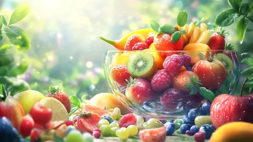 Sunlit fruit carnival in a glass bowl of garden brightness.