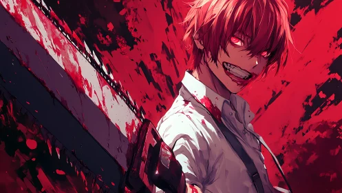 Bloodstained anime boy holding oversized chainsaw blade