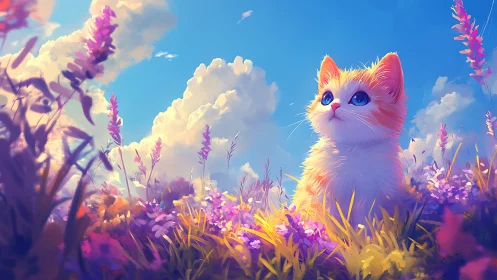 Luminous feline amid vibrant wildflower meadow under crystalline sky.