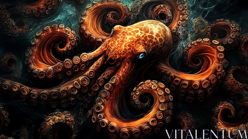 Vivid digital octopus with swirling, detailed tentacles.