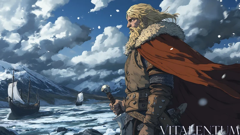 Viking leader on winter shoreline with longships and clouds.