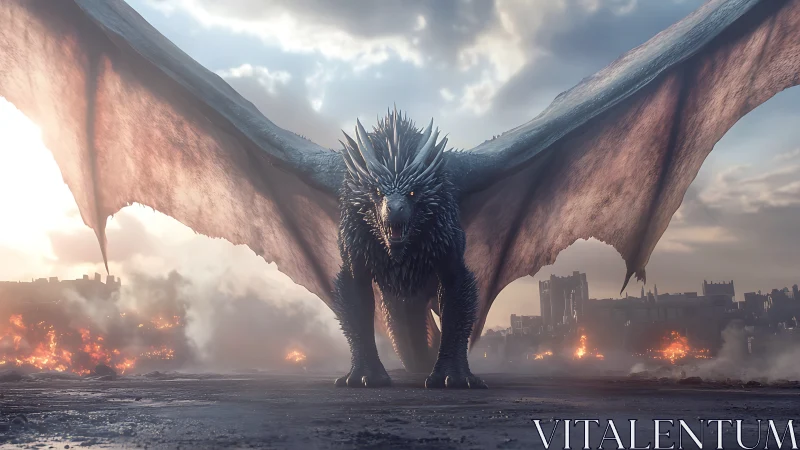 Storm-scaled war dragon strides through a burning kingdom.