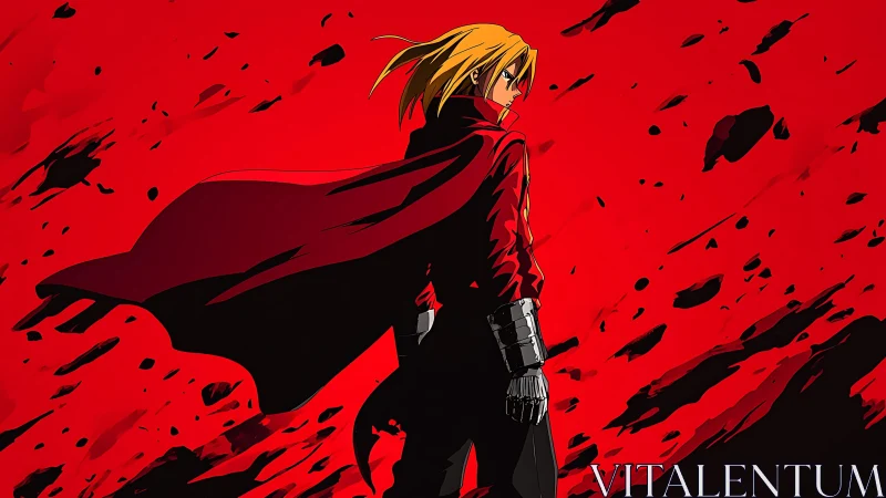 Crimson vector turbulence with armored anime protagonist profile.