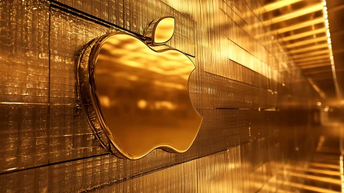 Golden apple emblem glowing along a shimmering wall.