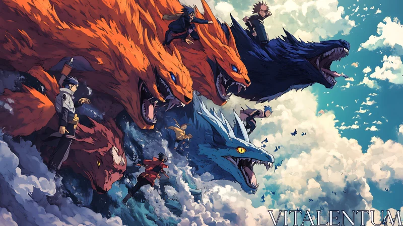 Dynamic anime battle tableau with elemental beast summons.