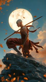 Monk warrior poised against full moon in dynamic autumn dusk