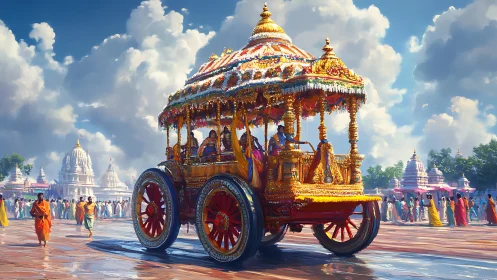 Temple chariot procession under luminous monsoon sky, India.