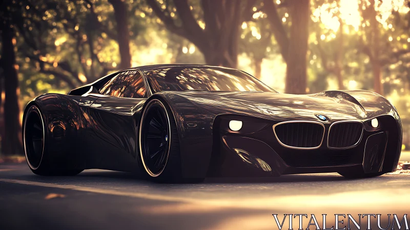 Futuristic black BMW hypercar in sunlit tree-lined avenue