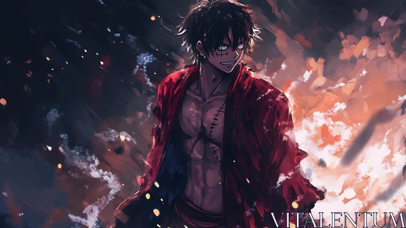 Storm-lit anime hero strides forward with fierce resolve