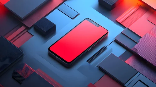 Modern smartphone on abstract geometric surface, digital art style.