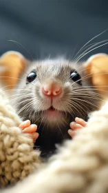 Close macro portrait of small rat between soft blankets.