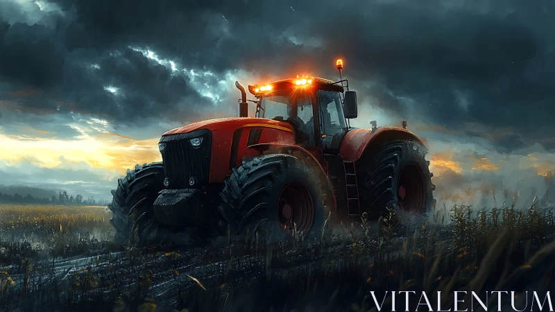 Red tractor moves through wet field under heavy storm clouds
