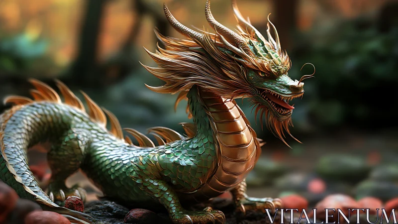 Emerald-scaled forest dragon rendered in cinematic 3D lighting.