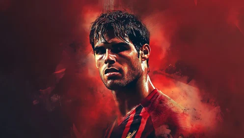 Storm-lit football portrait glowing in swirling red haze.