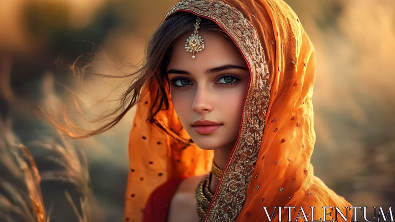 Portrait of Woman in Traditional Orange Sari, Soft Golden Light.