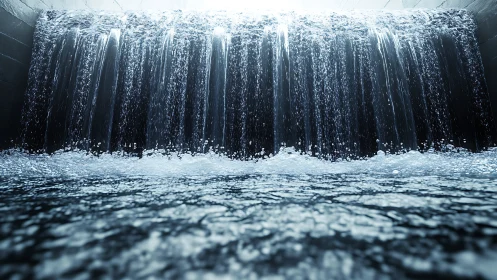 Steel corridor waterfall roaring into electric-blue foam.