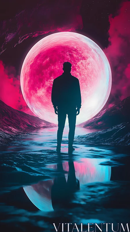 Lone dreamer confronting a neon lunar gate of reflection.