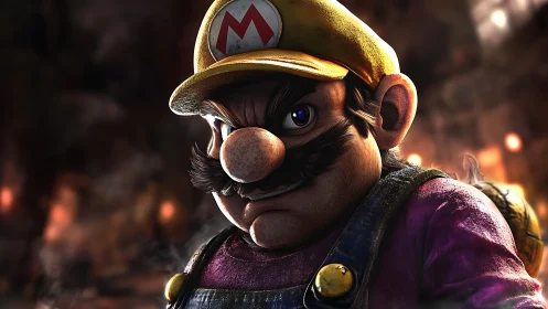 Gruff mustached hero in worn overalls and glowing backdrop.