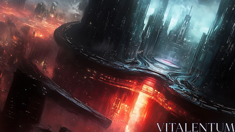 Futuristic cityscape shows glowing rift dividing urban core