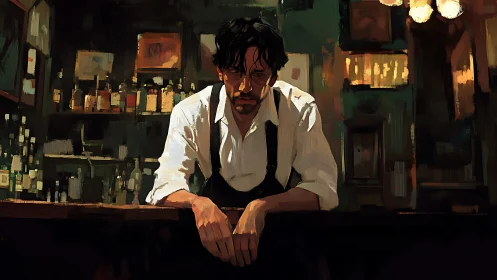 Brooding bartender leans over a dimly lit late night bar