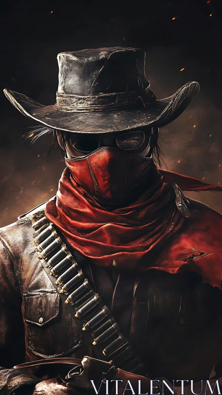 Masked wasteland gunslinger in tattered hat and bandolier.