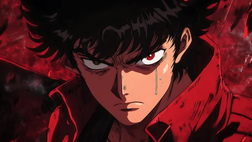 Intense anime portrait with cel-shaded lighting and red motion field