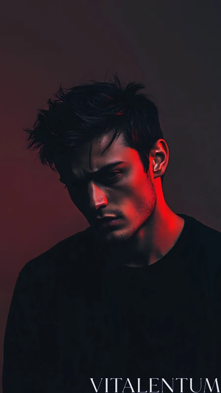 Moody male portrait under red low key studio lighting.