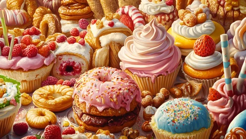 Digital painting of gourmet cupcakes, donuts and pastries in cascade.